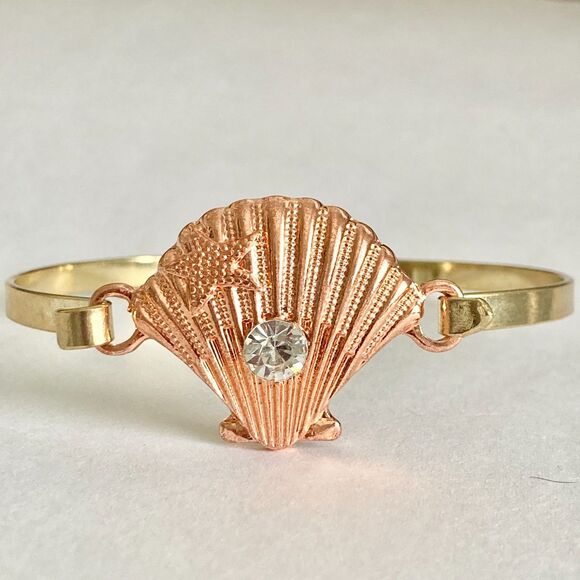 Scallop Sea Shell Bracelet Bangle Nautical Island Beach 7.5" Gold Plated Crystal - Picture 4 of 12